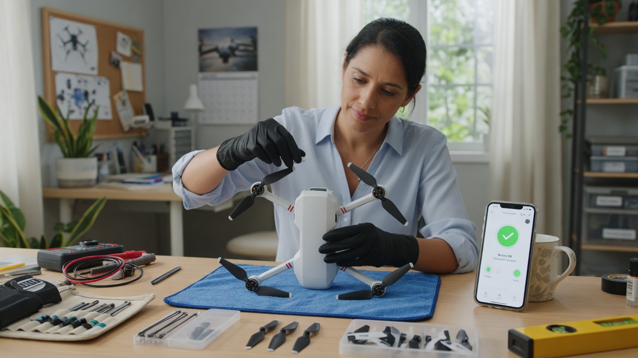 A technician testing a small white drone on a home workbench