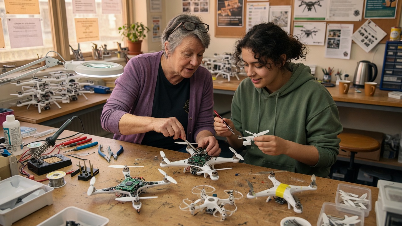 An experienced technician teaching an apprentice to repair drones
