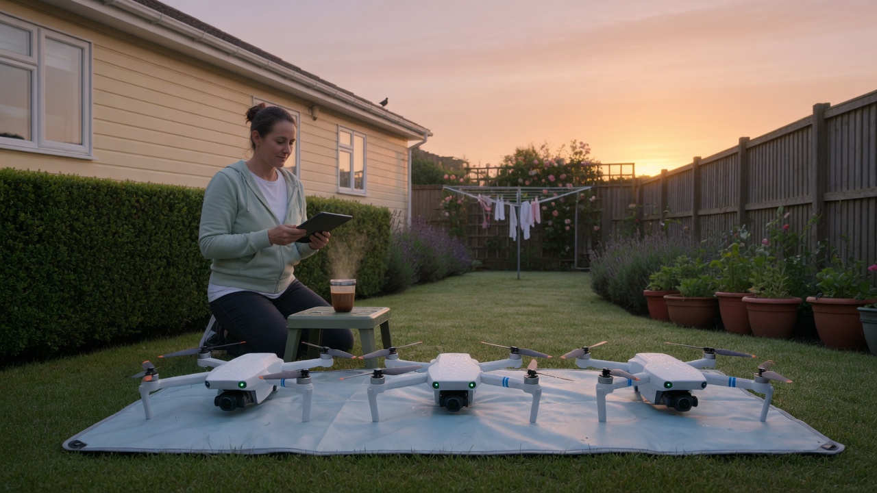 A neat row of small white drones ready to fly from a suburban home