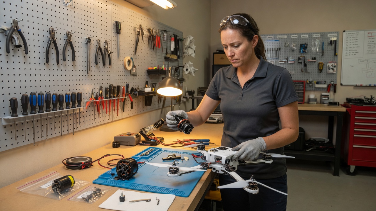 A technician swapping a motor pod on a small white drone in a tidy home workshop