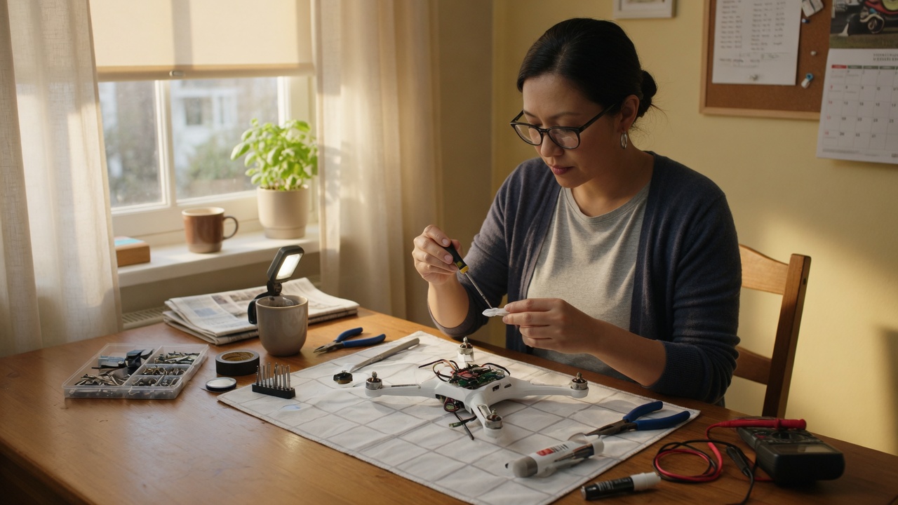 A focused technician repairing a small white drone at a kitchen table with hand tools