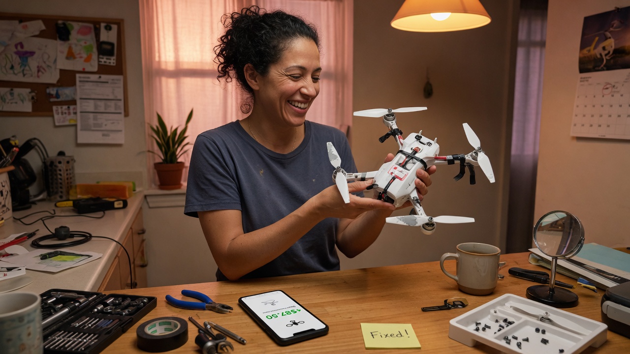 A person holding a freshly repaired drone at home as it earns its keep